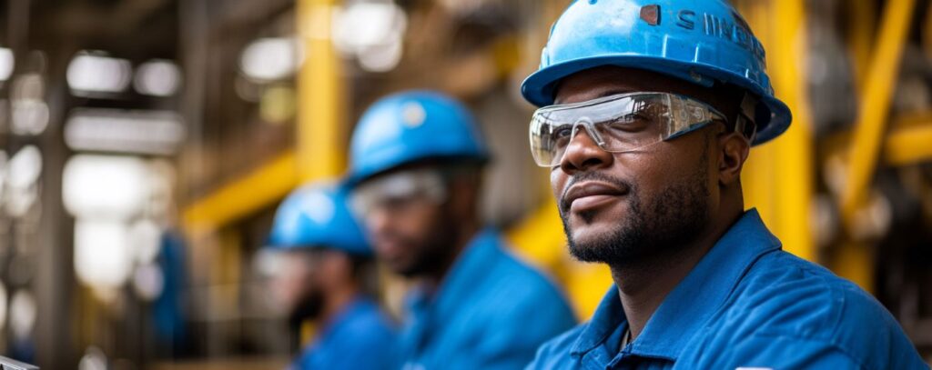 Workers in blue uniforms and helmets in an industrial setting, focusing on the man in front.