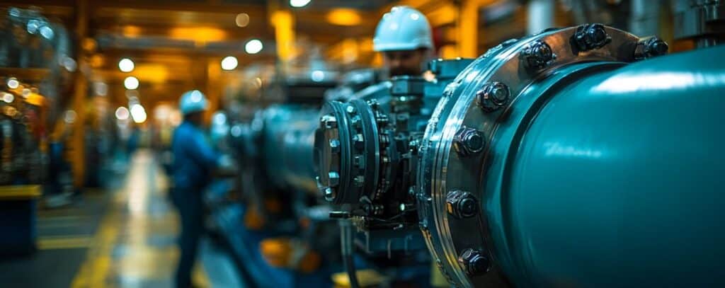 Blurred industrial setting with workers wearing helmets near large machinery and pipes.