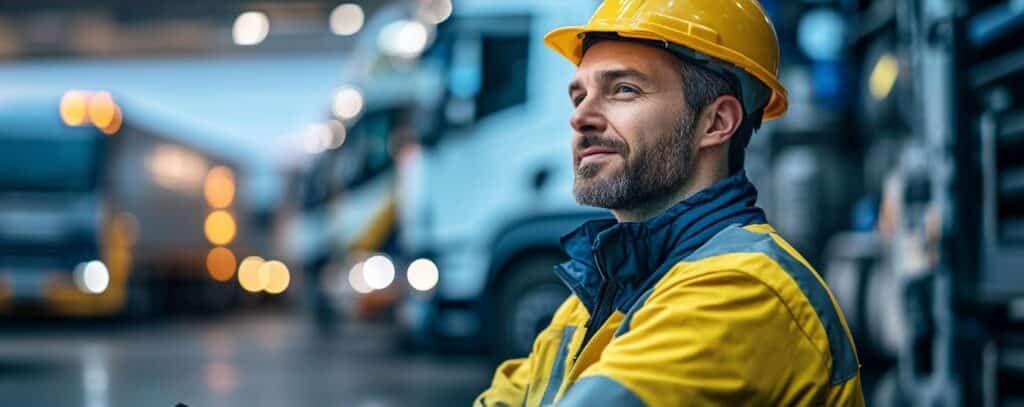 A worker in a yellow jacket and hard hat smiles while standing near trucks in a well-lit industrial setting.