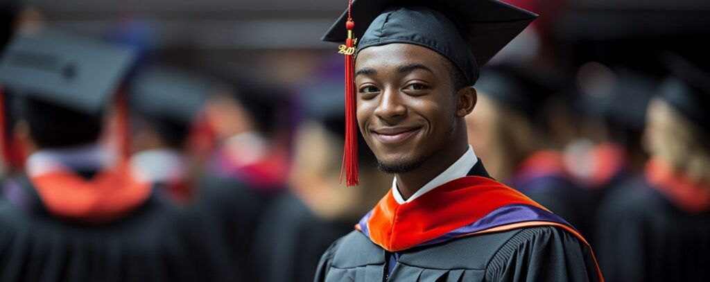 Graduate in cap and gown smiles at the camera, surrounded by other graduates.