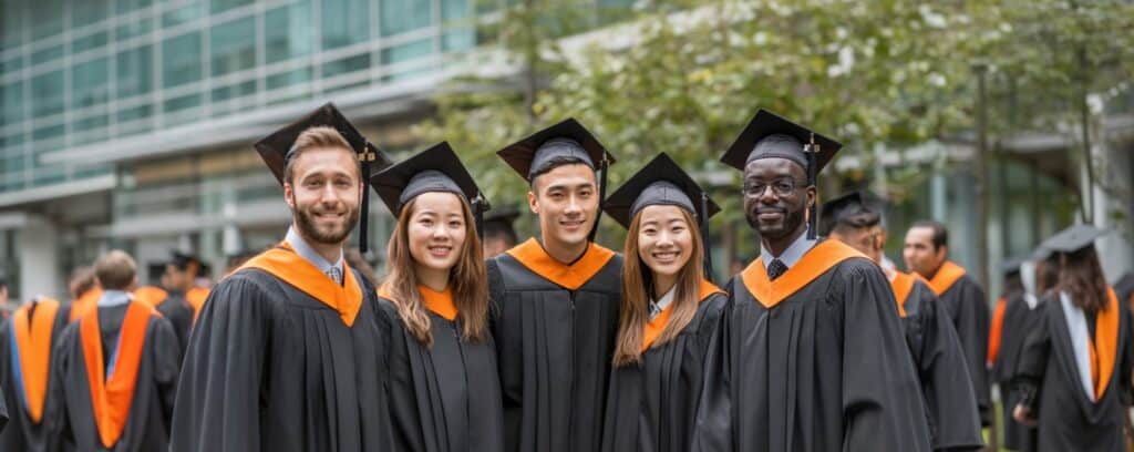 Five graduates in caps and gowns smile together outdoors at a commencement ceremony.
