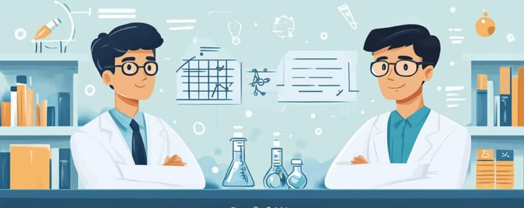 Illustration of two scientists in lab coats smiling with lab equipment and data charts in the background.