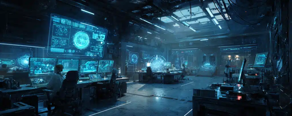 Futuristic high-tech control room with holographic screens and people working at computer stations.