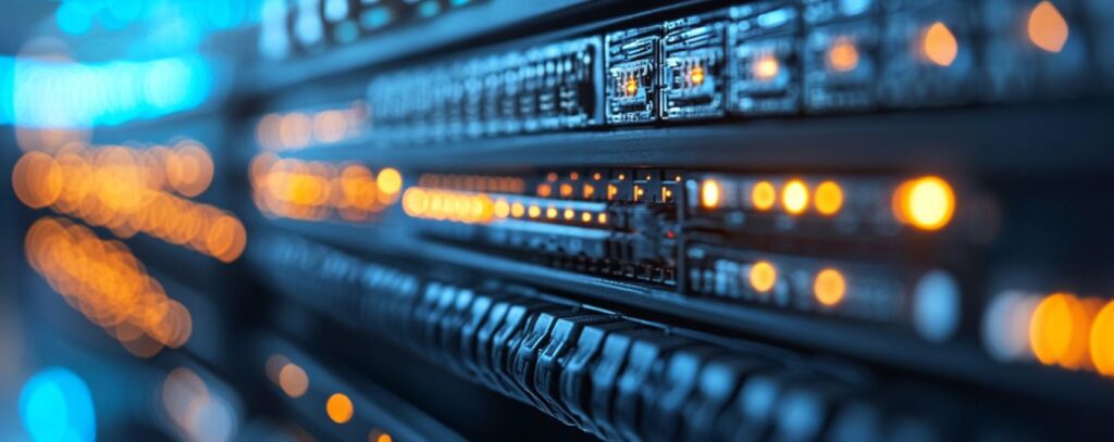 Close-up of server rack lights glowing blue and orange, indicating active data processing in a data center.