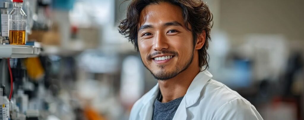 Smiling scientist in a lab coat stands in a laboratory setting filled with equipment.