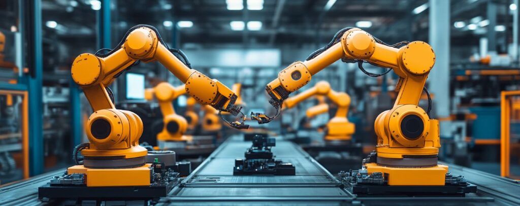 Two yellow robotic arms on an assembly line in an industrial setting.