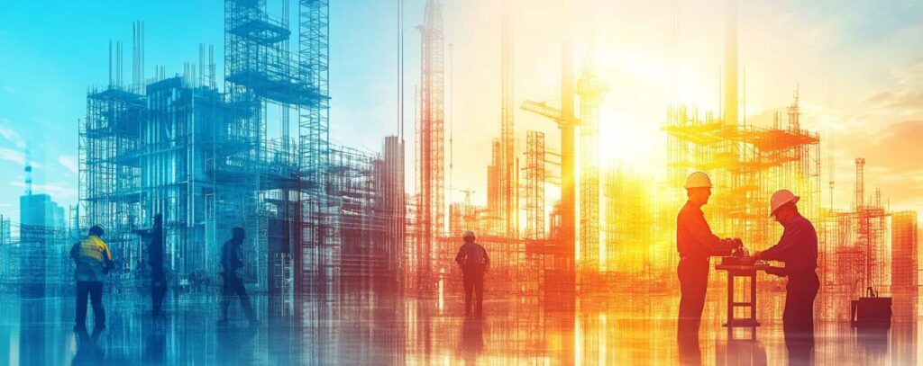 Silhouetted construction workers on site, with a city skyline and blue to orange gradient sky at dawn or dusk.