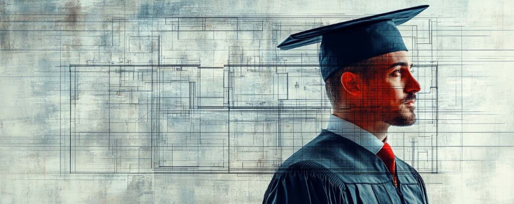 A person wearing a graduation cap and gown, facing sideways against an abstract, technical background.