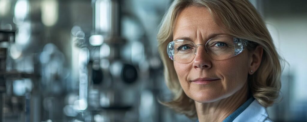 A woman in safety glasses stands in a laboratory with scientific equipment in the background.