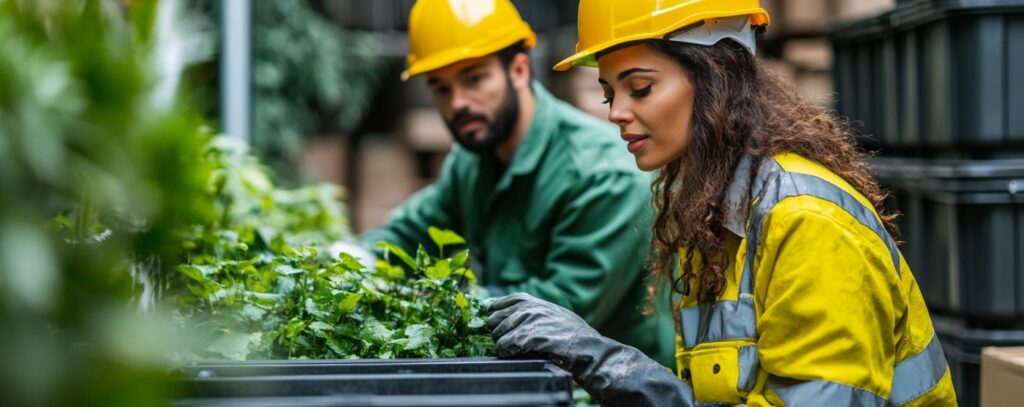 Two workers in yellow helmets and gloves tend to green plants indoors, focusing on their task.