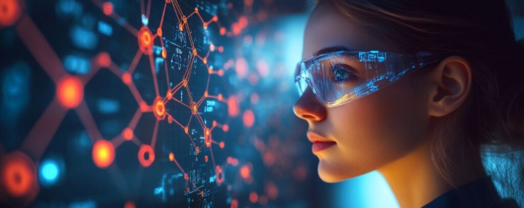 Person wearing glasses analyzing a digital interface with glowing red and orange network patterns.