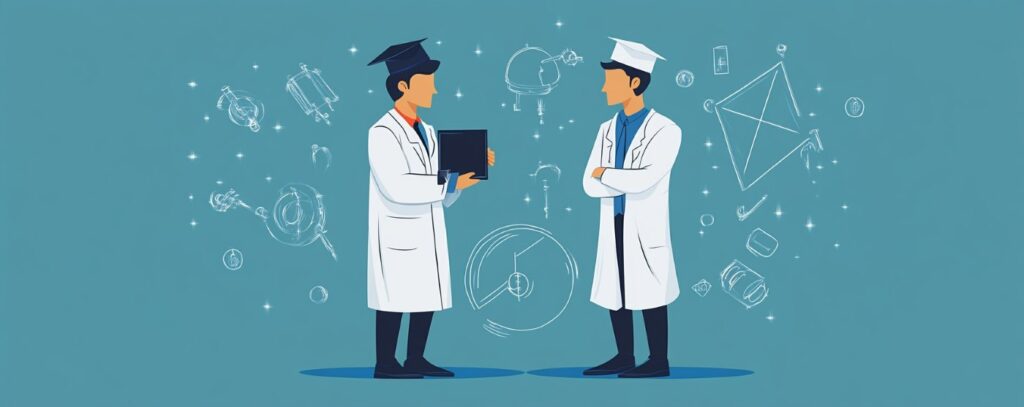 Two scientists in lab coats and caps discussing, with scientific diagrams and symbols in the background.