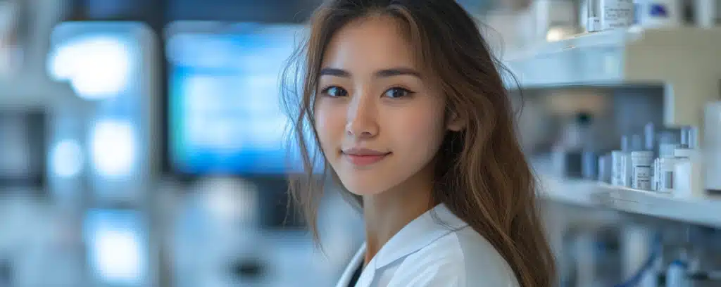 Biomedical engineer wearing a white lab coat smiling at the camera