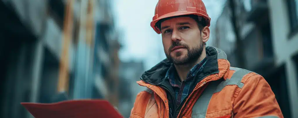 Civil engineer working at a construction project wearing an orange hardhat