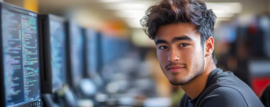 Computer engineer looking at the camera while coding on his desktop computer