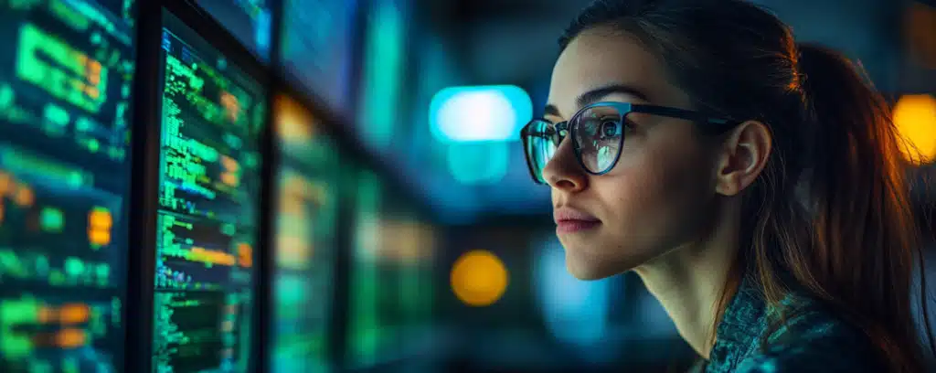 Data engineer examining code on her desktop computer