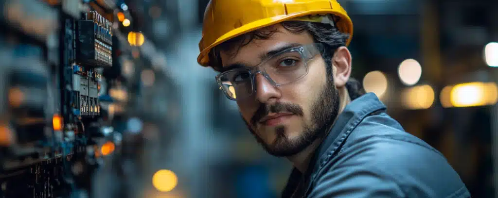 Electrical engineer in front of an electrical breaker wearing a yellow hard hat