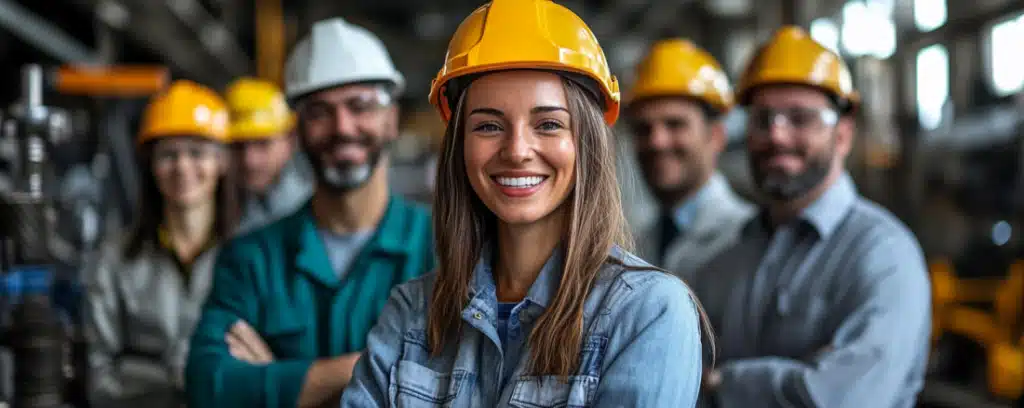 Group of engineers smiling at camera wearing yellow hard hats