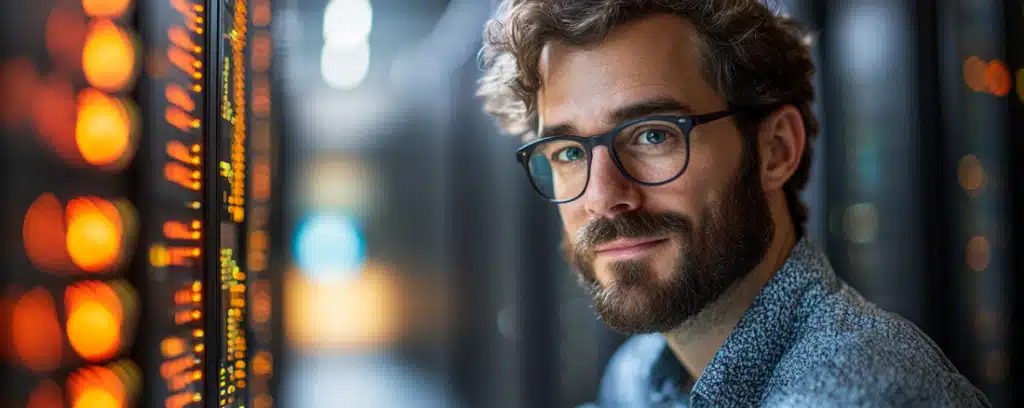 Software engineer wearing black glasses smiling at the camera