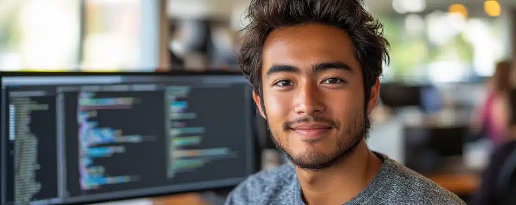 Software engineer smiling at the camera with code on his monitor in the background