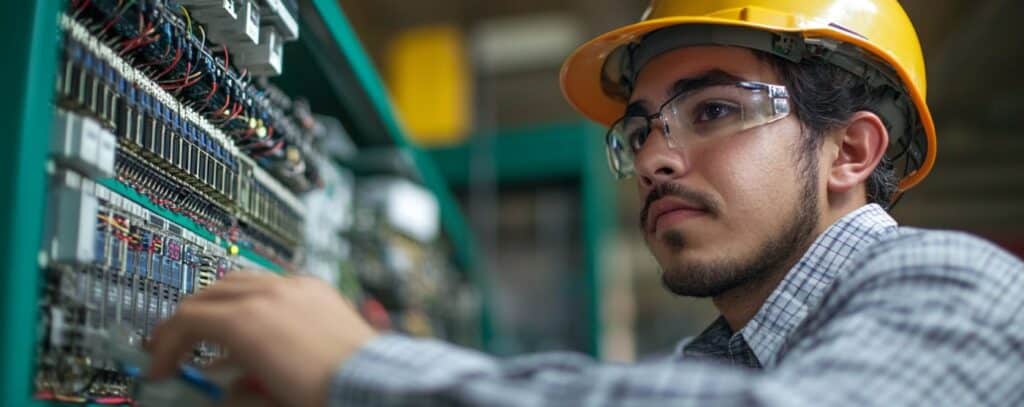 Engineer in a hard hat and safety glasses working on electrical panels with wiring in a technical environment.