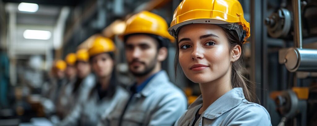 Workers wearing yellow hard hats and uniforms line up in an industrial setting, with a focus on a woman in the foreground.