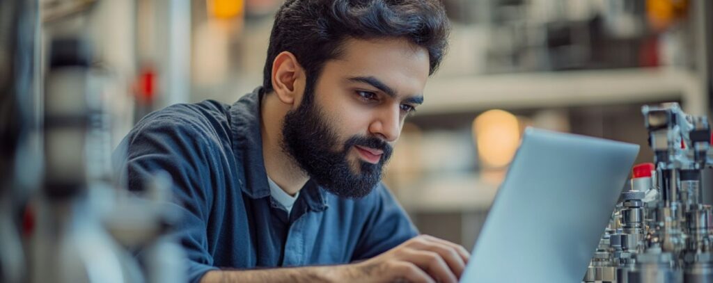 Man with a beard using a laptop in an industrial setting, surrounded by machinery and equipment.
