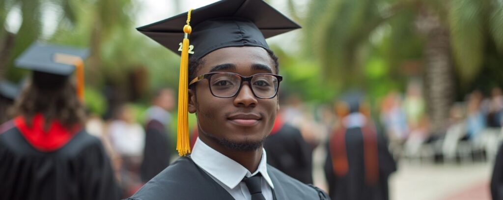 Graduate in cap and gown with a tassel, standing outdoors at a graduation ceremony.