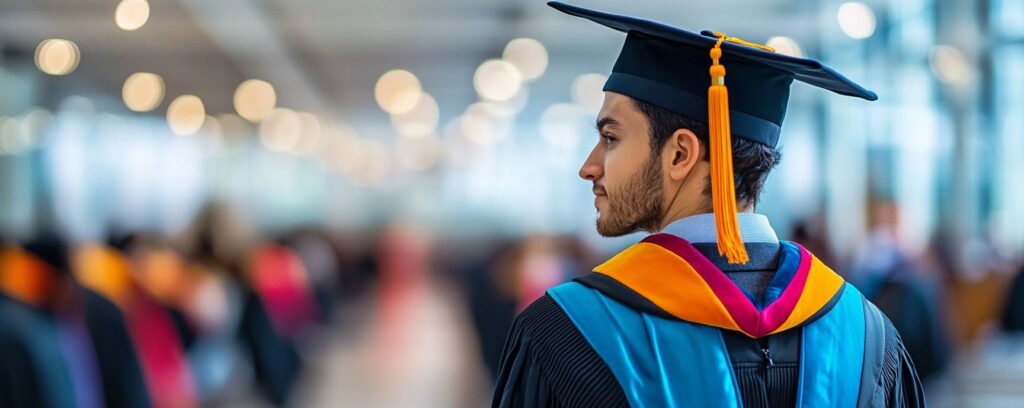 Graduate in a cap and gown looking forward in a large hall with blurred lights in the background.