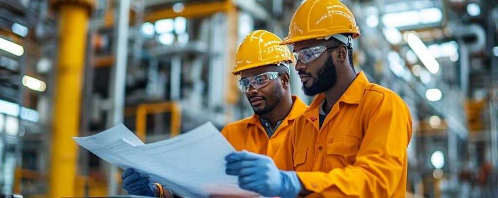 Two workers in orange uniforms and helmets review blueprints in an industrial setting.