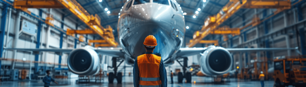 Aerospace Engineer in an orange vest and hard hat stands facing a large airplane in a hangar.