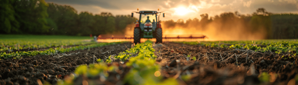 Agricultural Engineer plows a field at sunset, with fresh green plants in the foreground.