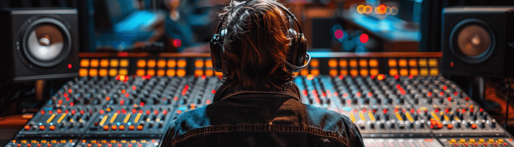 Audio Engineer with headphones at a mixing board in a recording studio.