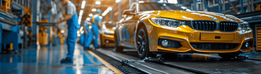 A shiny yellow car on an assembly line in an auto engineering factory, with workers in blue uniforms in the background.