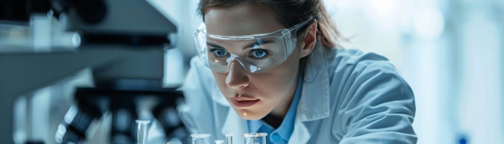 Biomedical Engineer in a lab coat and goggles examines beakers near a microscope.