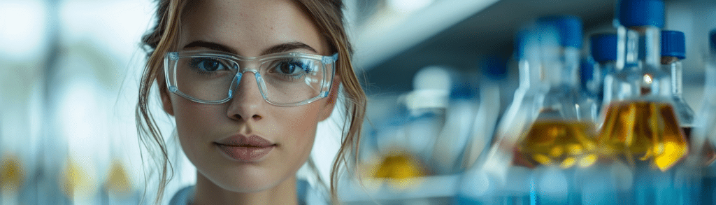 Chemical Engineer wearing safety goggles in a lab, with blurred bottles and equipment in the background.