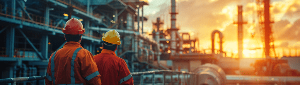 Two Civil Engineers in hard hats observing an industrial plant at sunset.