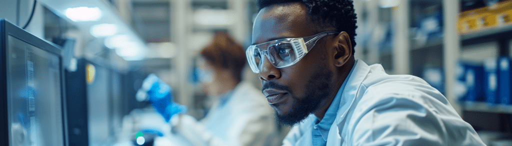 A Computer Engineer wearing safety goggles works intently at a computer in a laboratory setting.