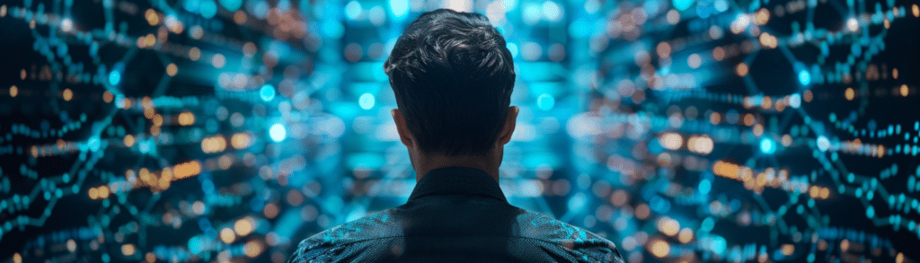 A Data Engineer facing a digital, futuristic interface with blue glowing data patterns.