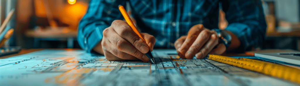 A Design Engineer drawing architectural plans with a pencil, surrounded by tools and blueprints.