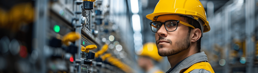 An Electrical Engineer in a yellow hard hat and glasses inspects control panels in an industrial setting.