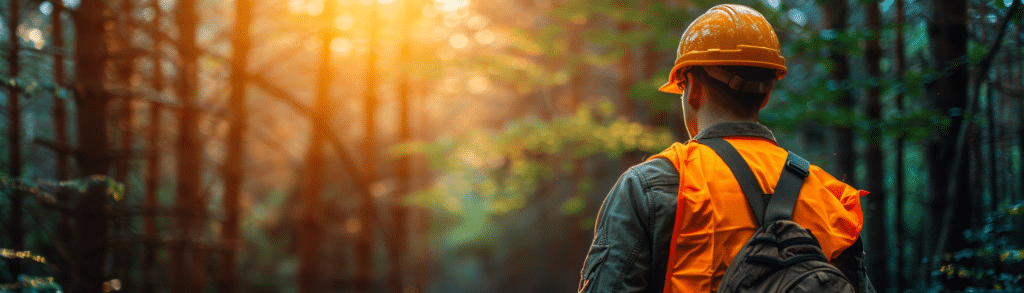 An Environmental Engineer in a hard hat and orange vest stands in a sunlit forest.