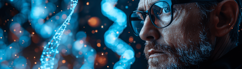 A Genetic Engineer with glasses looks intently at floating digital DNA strands in a blue-lit environment.