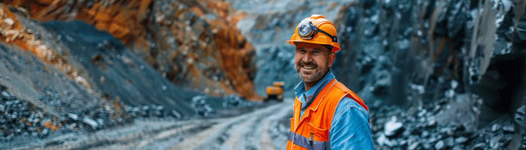 A Geological Engineer wearing safety gear smiles in a rocky quarry setting.