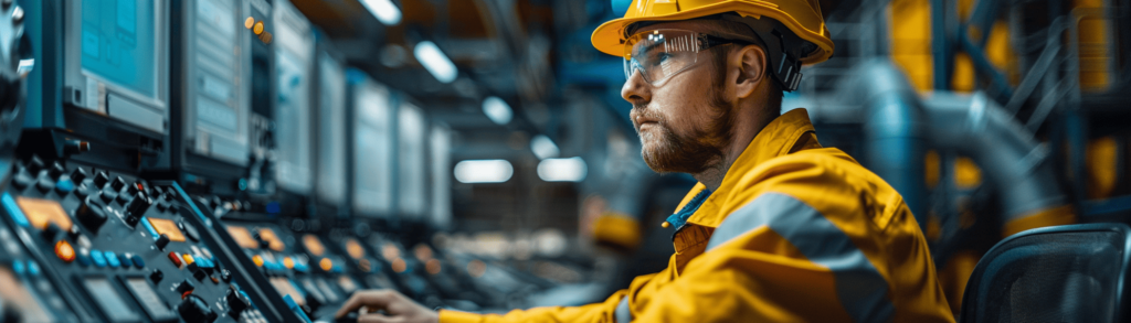 Industry Engineer in safety gear operates control panels in an industrial setting.