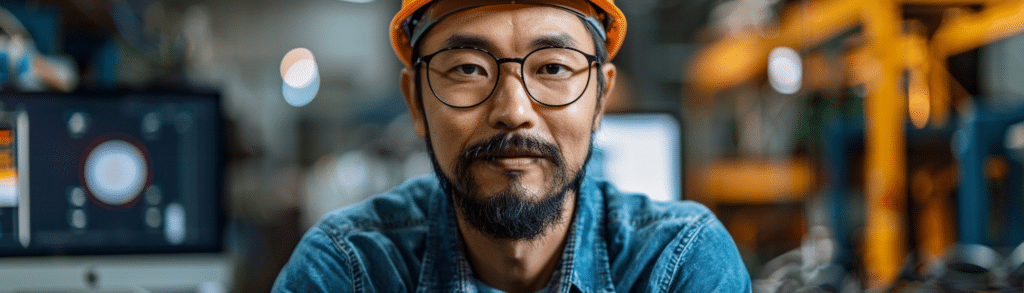 Engineering Manager in glasses and hard hat in a workshop, wearing a denim shirt, looking at the camera with blurred tools behind him.