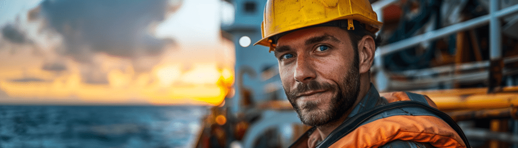 A Marine Engineer in a yellow helmet and orange vest smiles on a boat at sunset, with the ocean in the background.