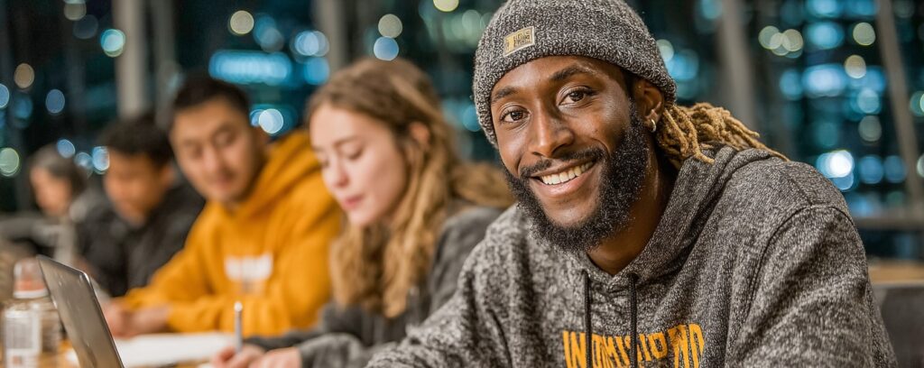 Smiling student in a beanie sits at a desk with classmates, studying in a brightly lit setting.
