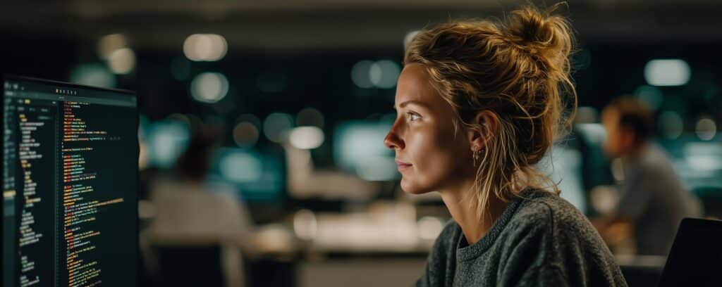 A woman focused on coding at her computer in a dimly lit office with blurred backgrounds.
