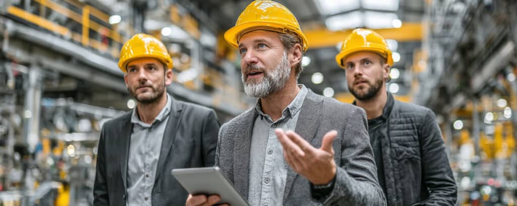 Three men in suits and yellow hard hats walk through a factory; one holds a tablet and speaks to the group.